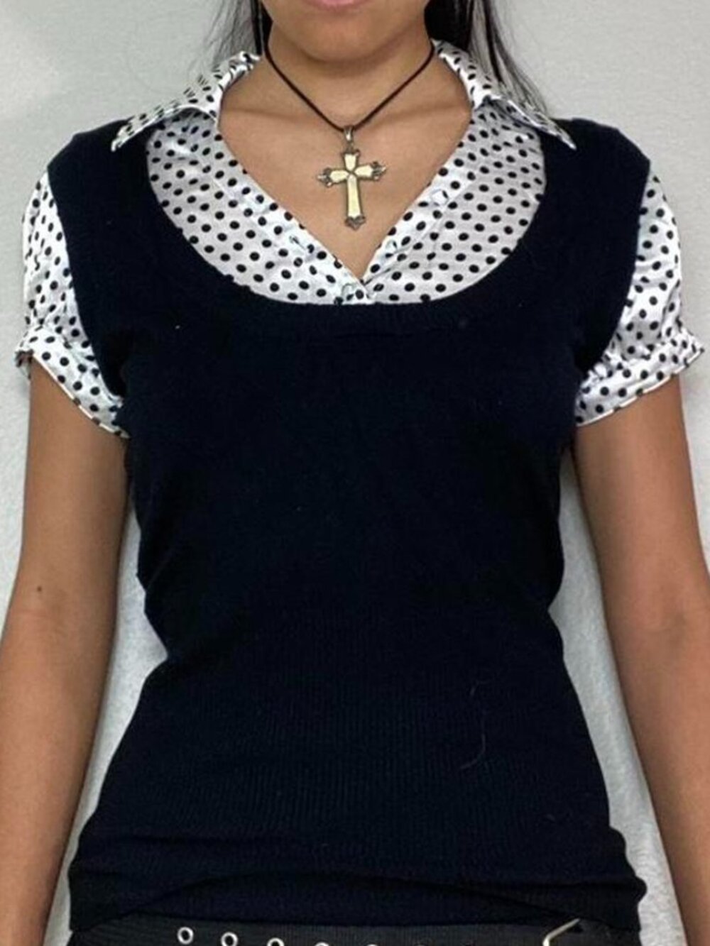 Y2K Office Layered Polka Dot Blouse Sweater Vest Combo Top - Picture 3 of 4